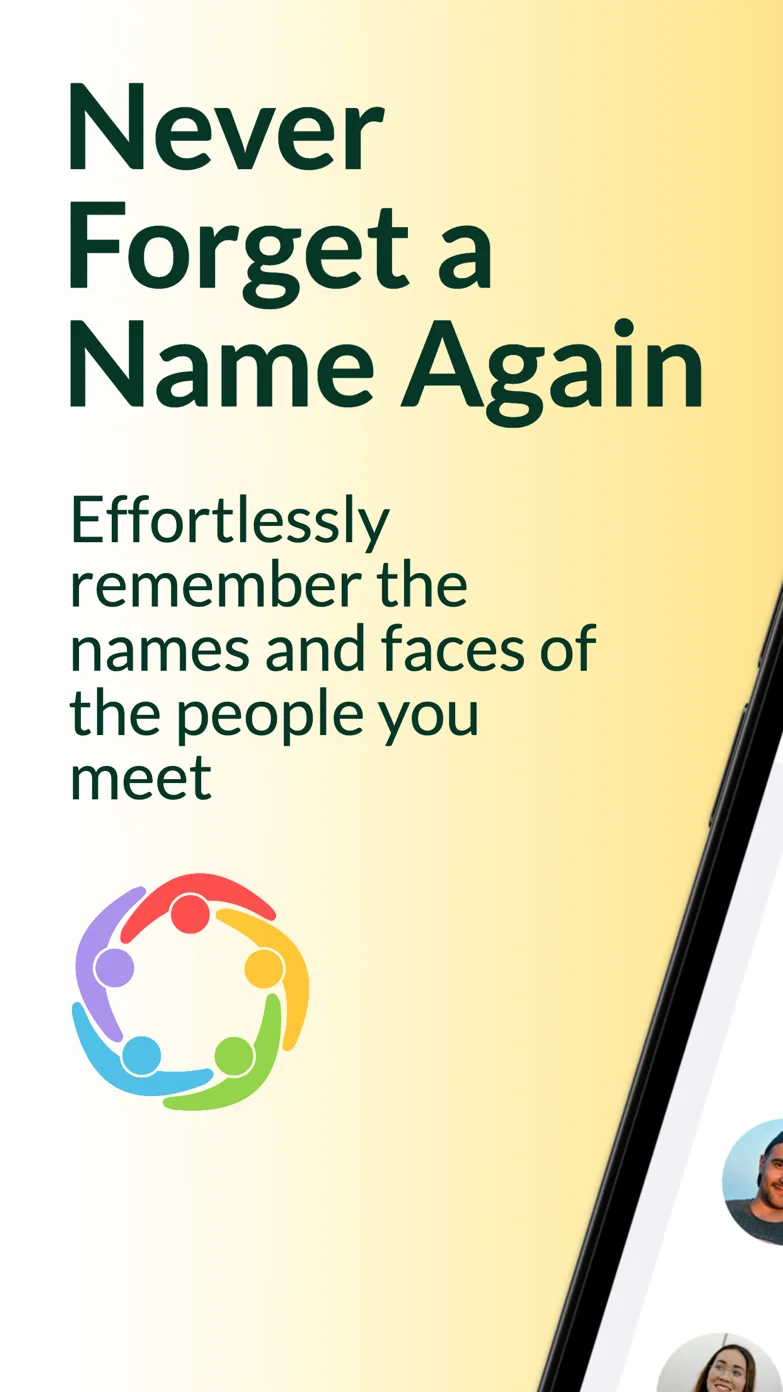 Name Reminder welcome screen with the headline 'Never Forget a Name Again', the five-person logo and the edge of a tilted iPhone